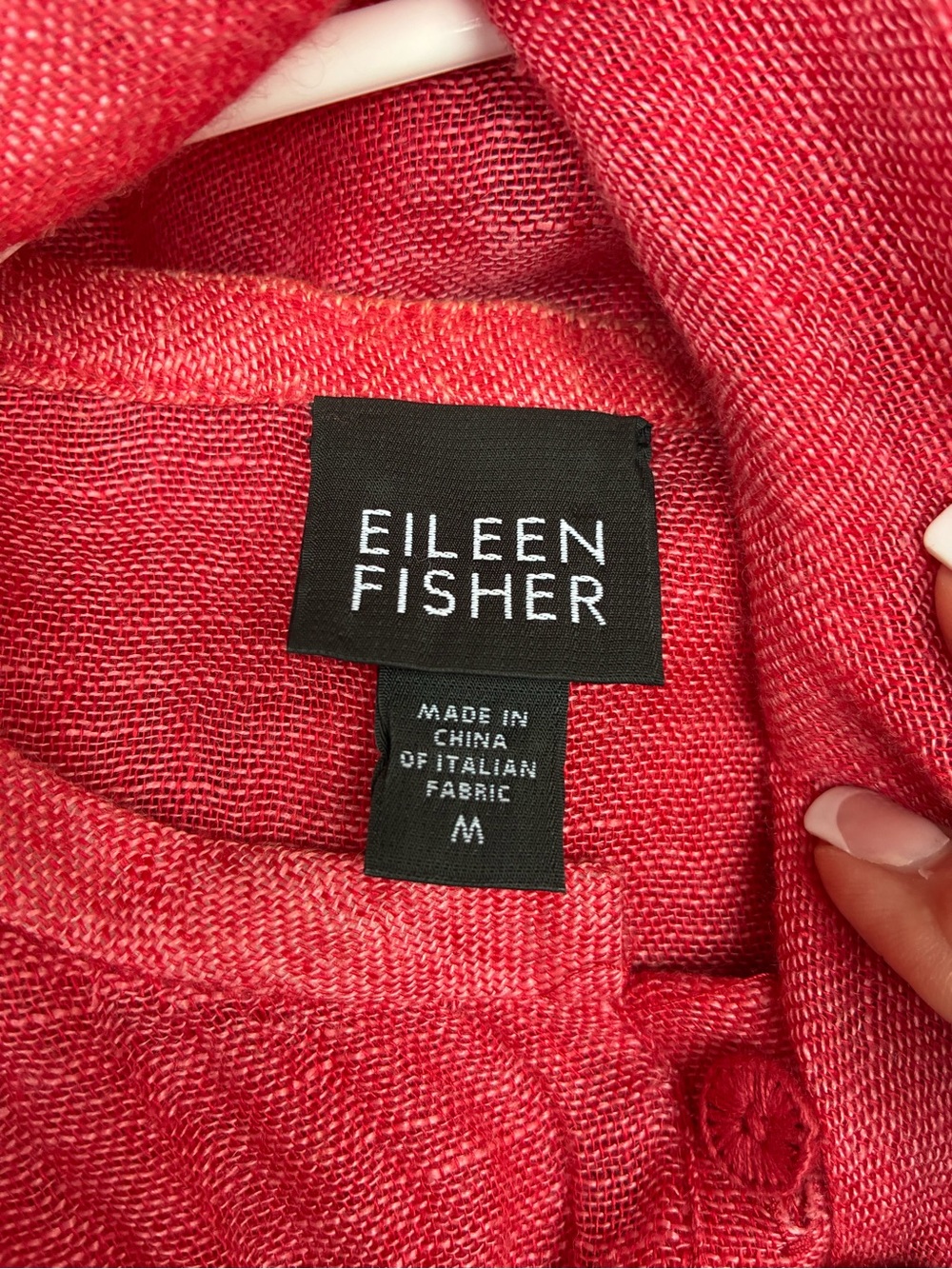EILEEN FISHER Coral Red Italian Linen Button Front Long Sleeve Tunic Top Size M - Picture 2 of 7